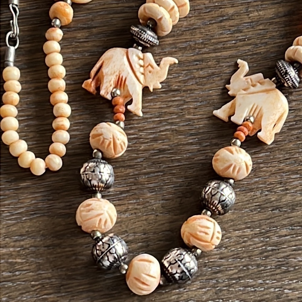 Hand Crafted authentic carved bone beads necklace with agathe & elephant